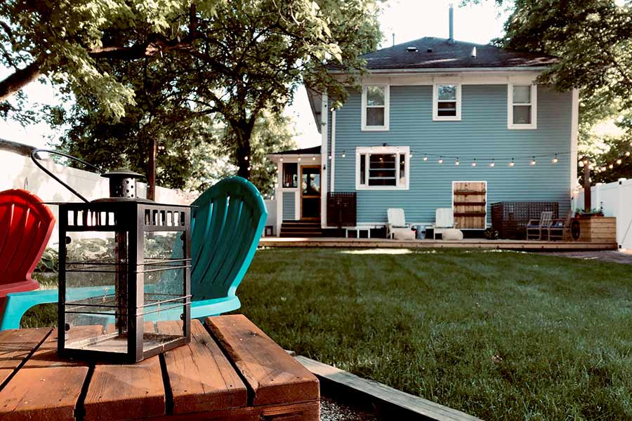 A spacious yard with seating areas