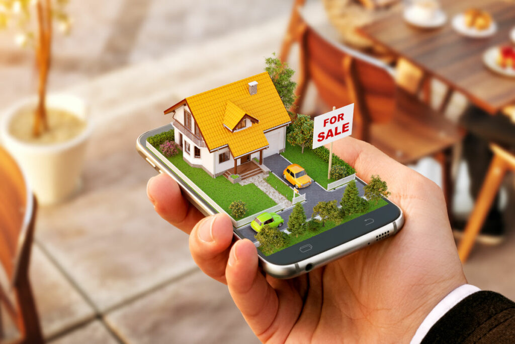 3d render of a house for sale in Lockhart TX realty emerging from a phone held in the hand of someone wearing a business suit