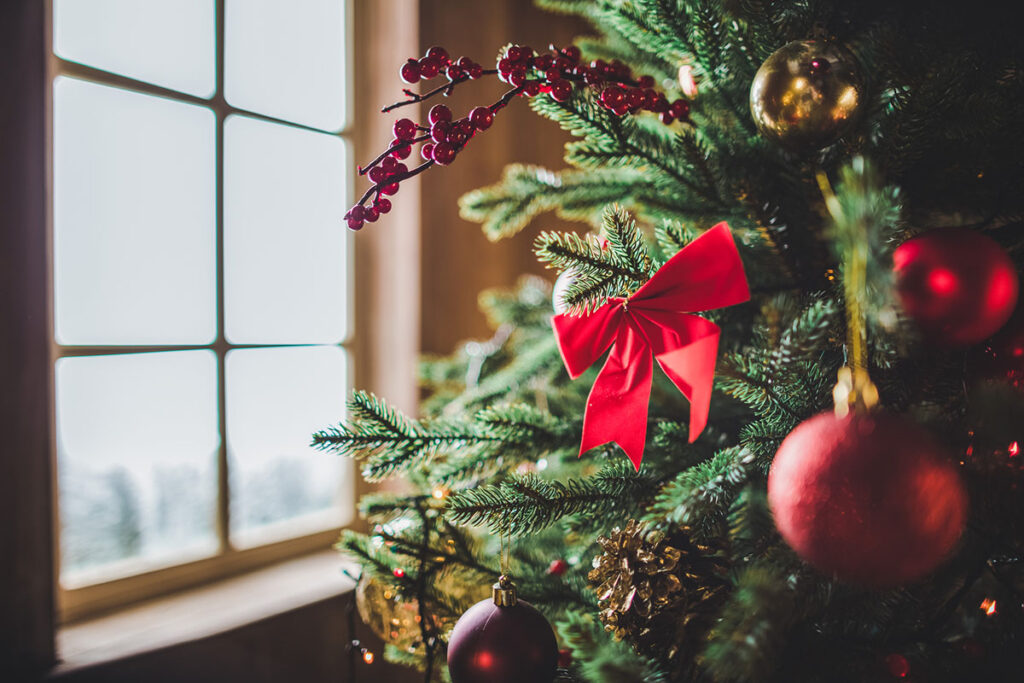 Close-up of a decorated Christmas tree adorned with red ornaments, a bright red bow, and artificial berry branches, positioned next to a window.